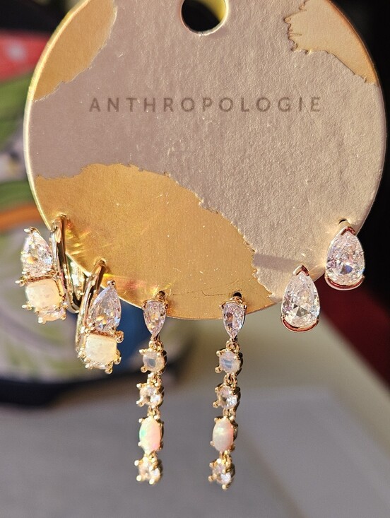 Anthropologie Mixed Stone Hoop and Huggie Earrings, Gold Opal & Clear Crystal